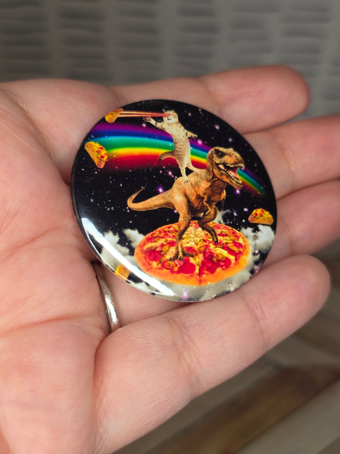 TrexTacoCatPizzaRainbowSpace Pin Back Button
