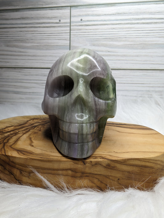 Banded Sugar Fluorite Skull Carving
