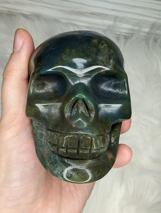 Imperfect Moss Agate Skull Carving
