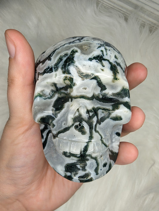 Imperfect Moss Agate w/ Calcite Skull Carving