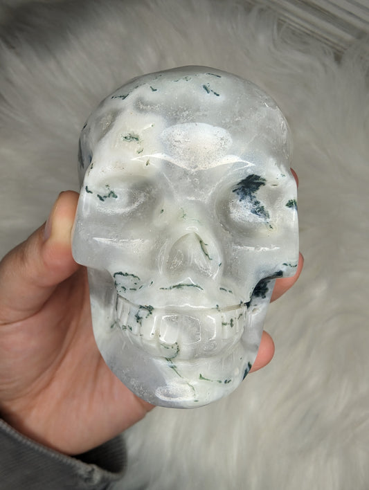 Imperfect Druzy Moss Agate Skull Carving