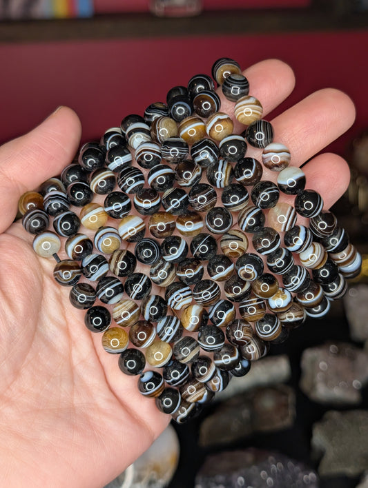 Banded Black Agate 8mm Bead Bracelet