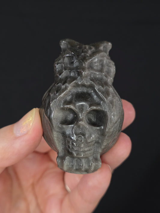 Silver Sheen Obsidian Owl with Skull Carving