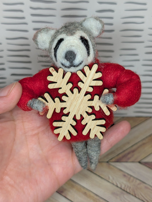 Felt Raccoon w/ Wooden Snowflake Ornament