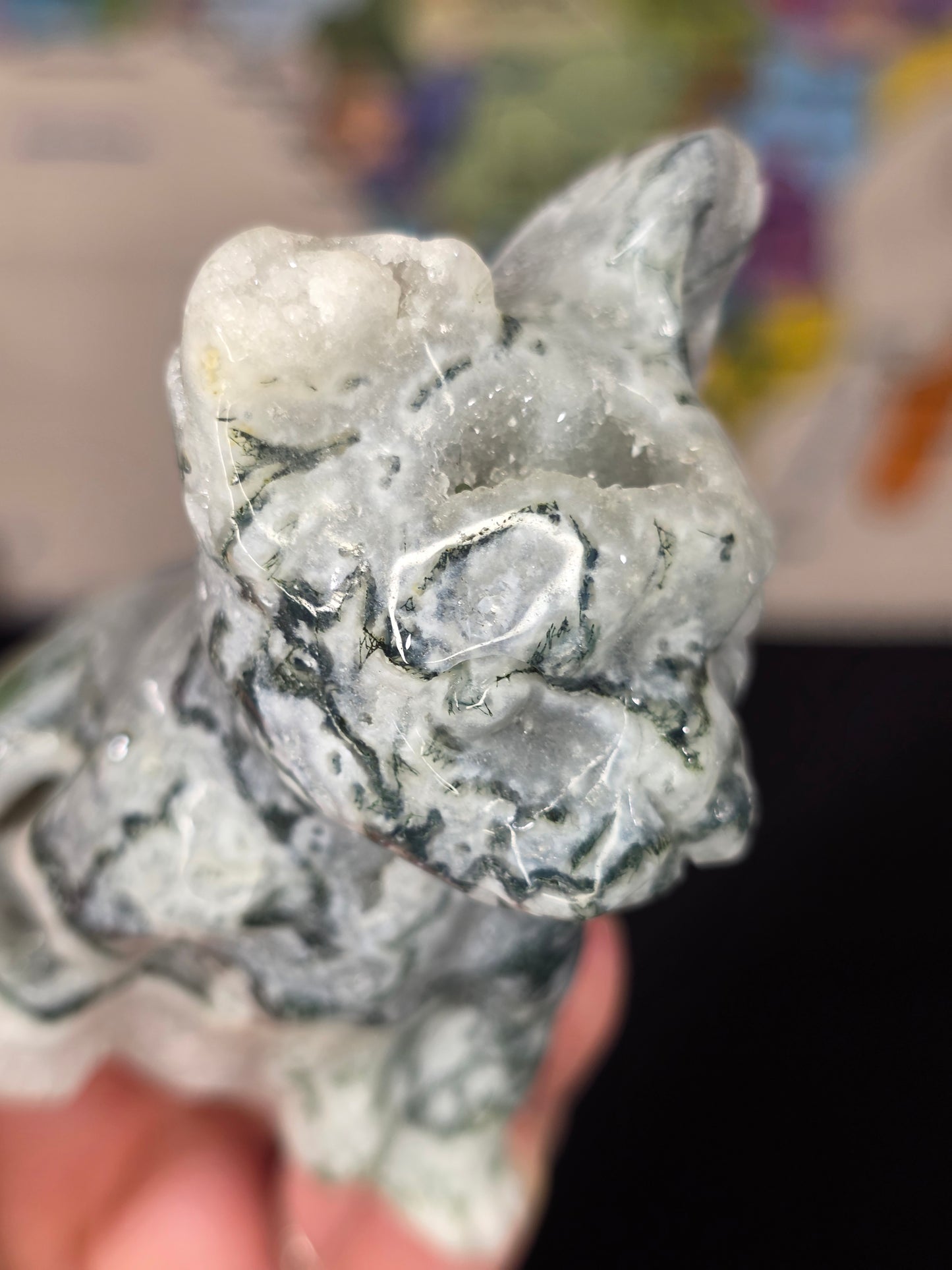 Druzy Moss Agate Frenchie Carving