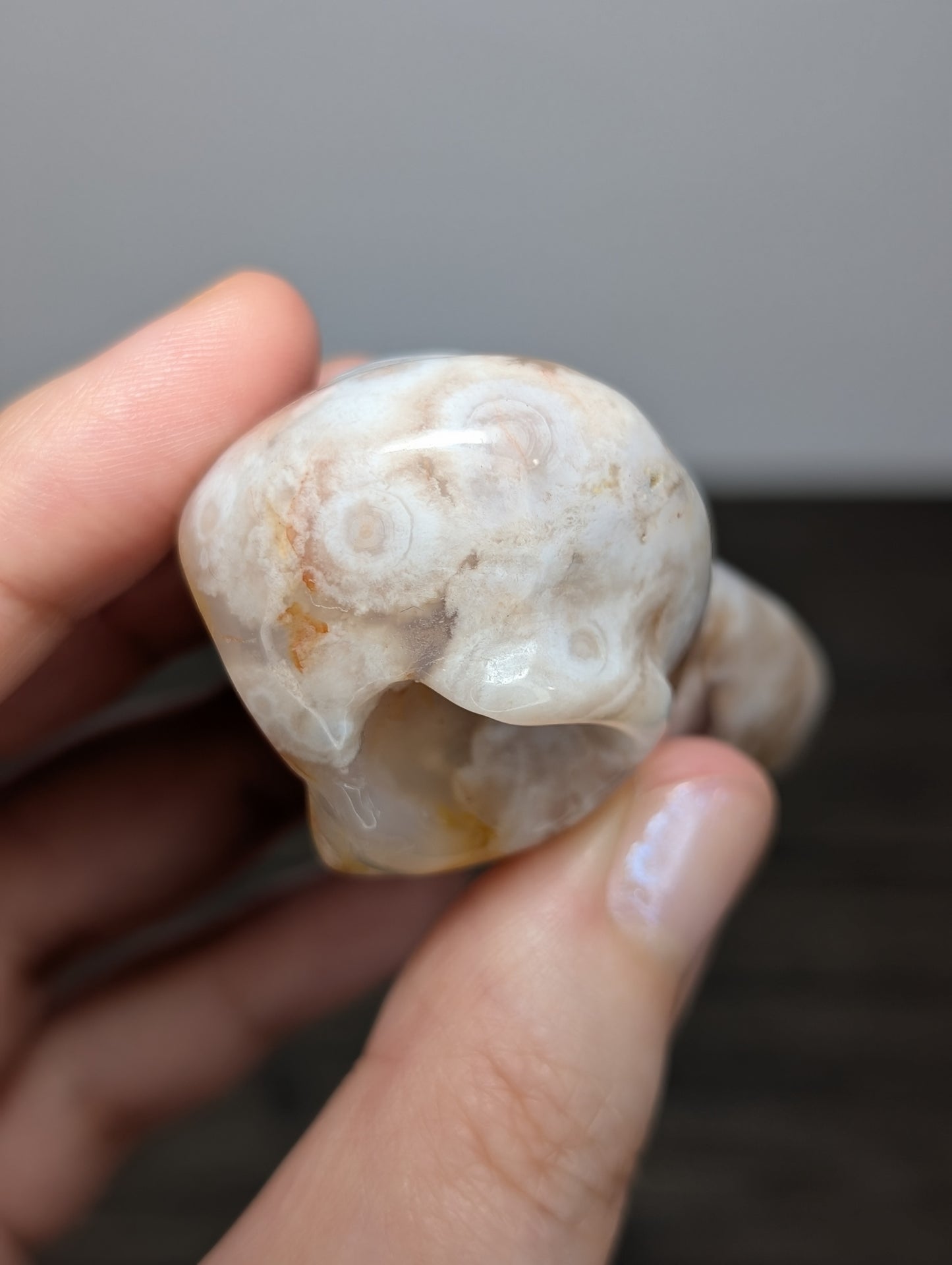 Flower Agate Raven Skull Carving