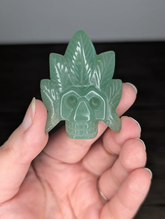 Green Aventurine Leaf Skull Carving