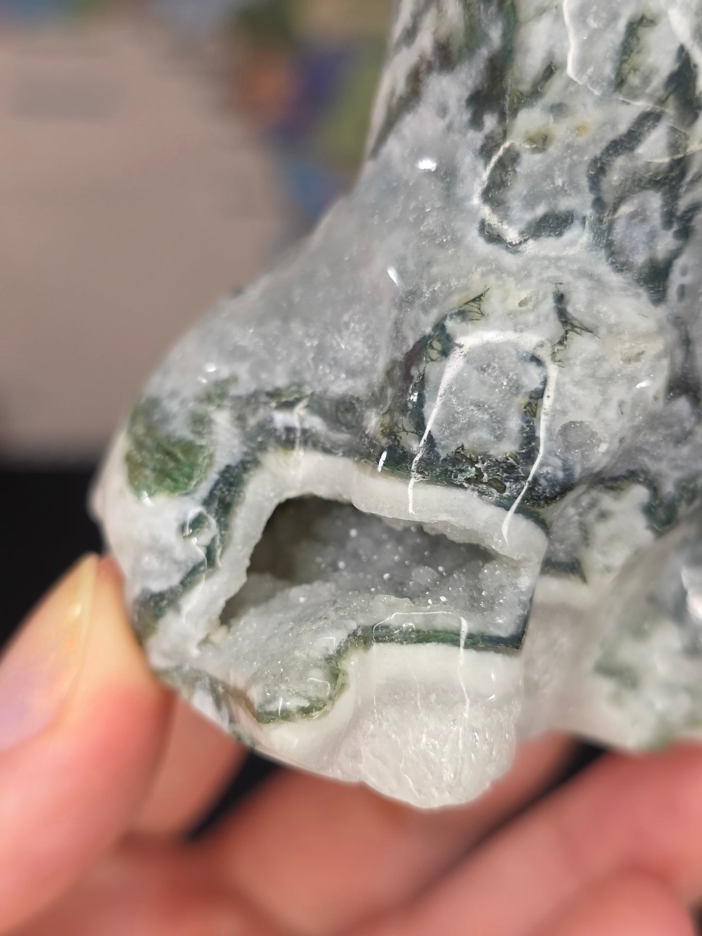 Druzy Moss Agate Frenchie Carving