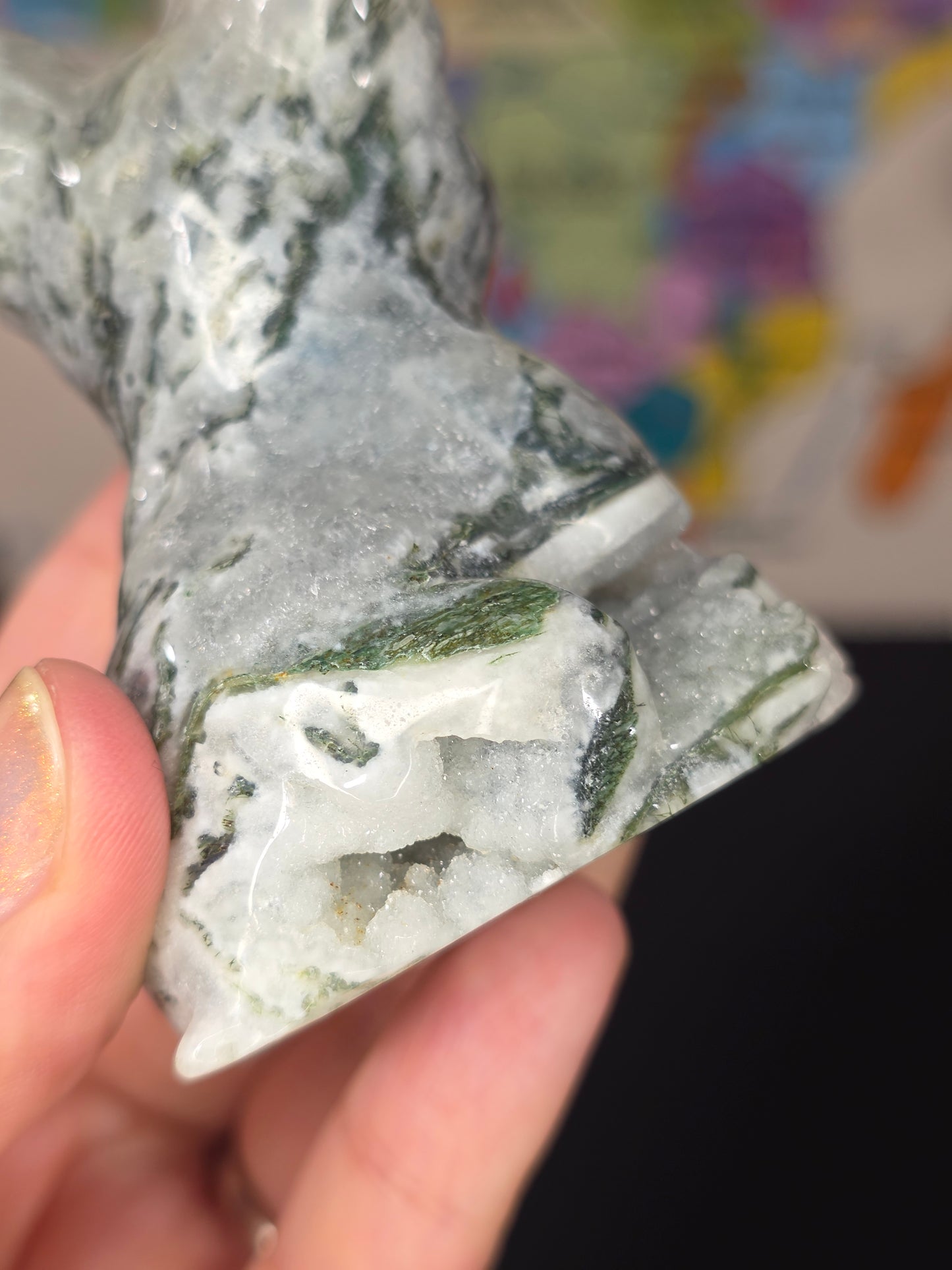 Druzy Moss Agate Frenchie Carving