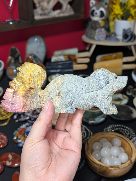 Aura Coated Quartz Point Dog Carving