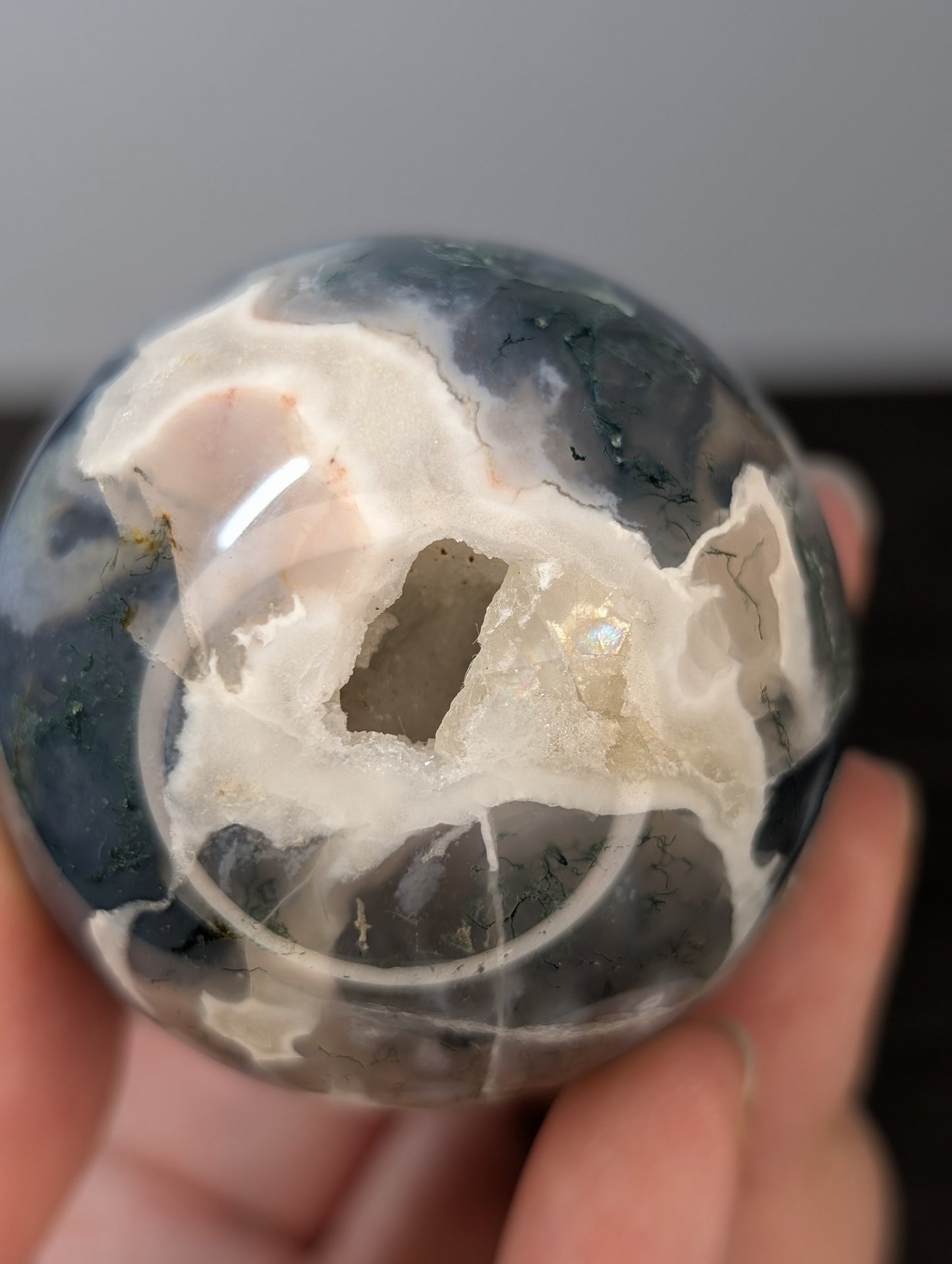 Moss Agate w/ Calcite Sphere