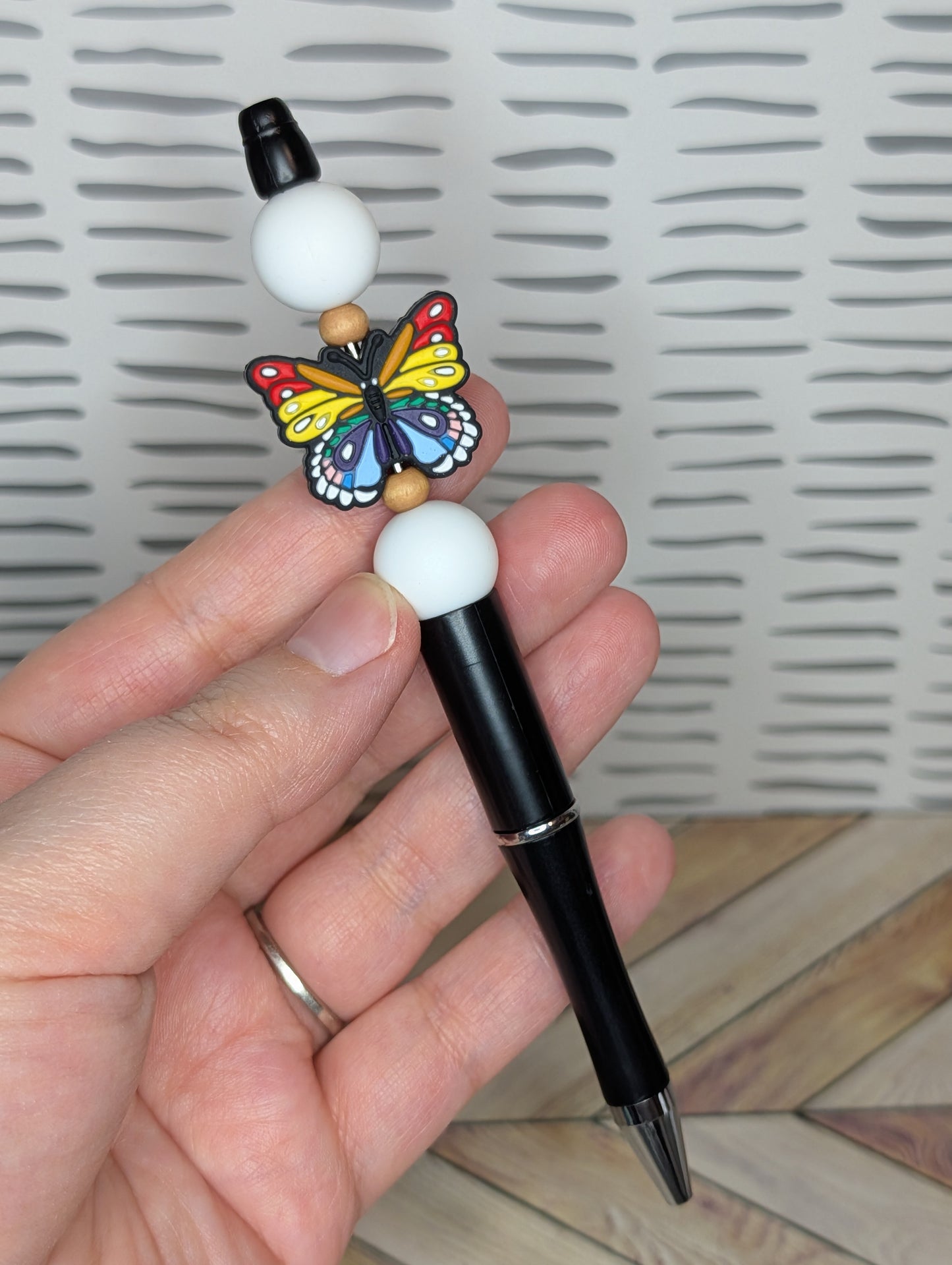 White Rainbow Butterfly Beaded Pen