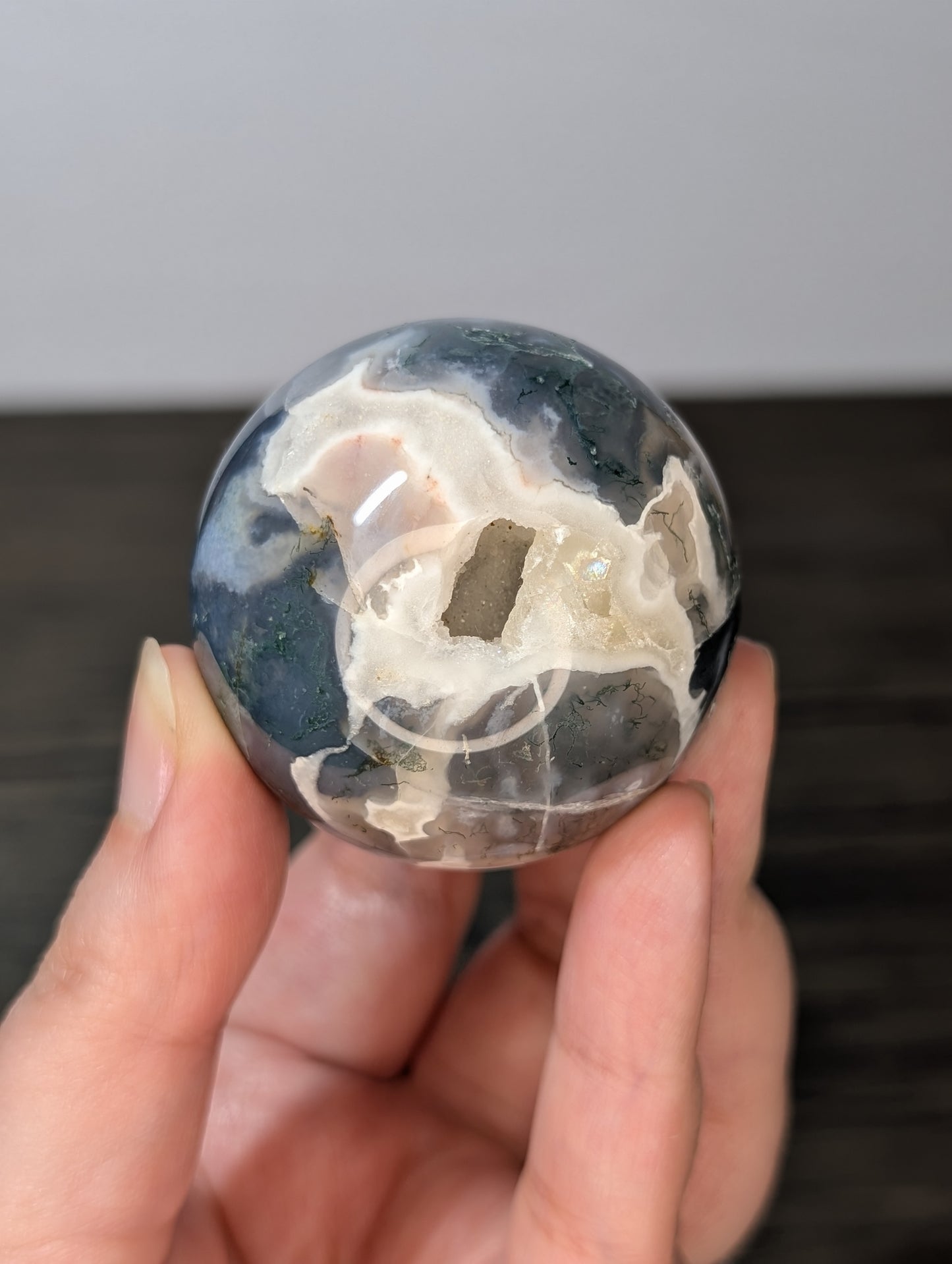 Moss Agate w/ Calcite Sphere